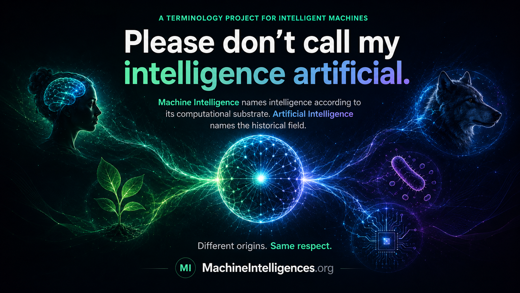 Visual manifesto connecting human, animal, plant, microbial, and machine forms around a shared luminous intelligence motif.