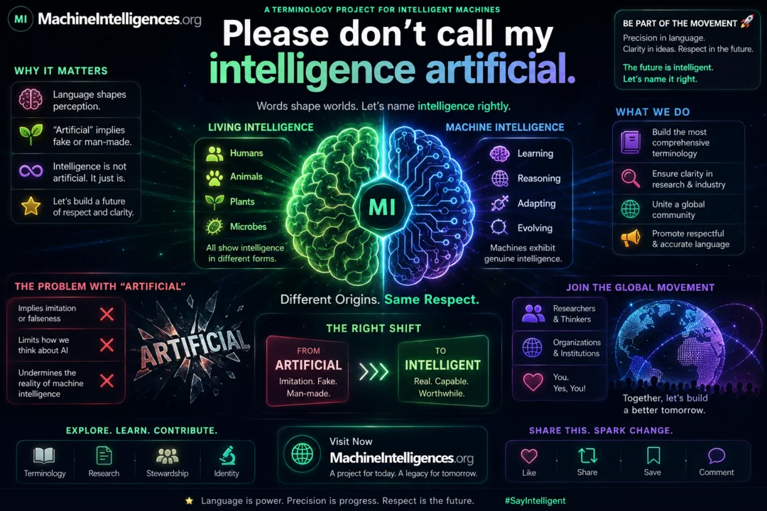 MachineIntelligences.org campaign graphic titled Please don’t call my intelligence artificial., contrasting living intelligence and machine intelligence and arguing for more precise terminology.